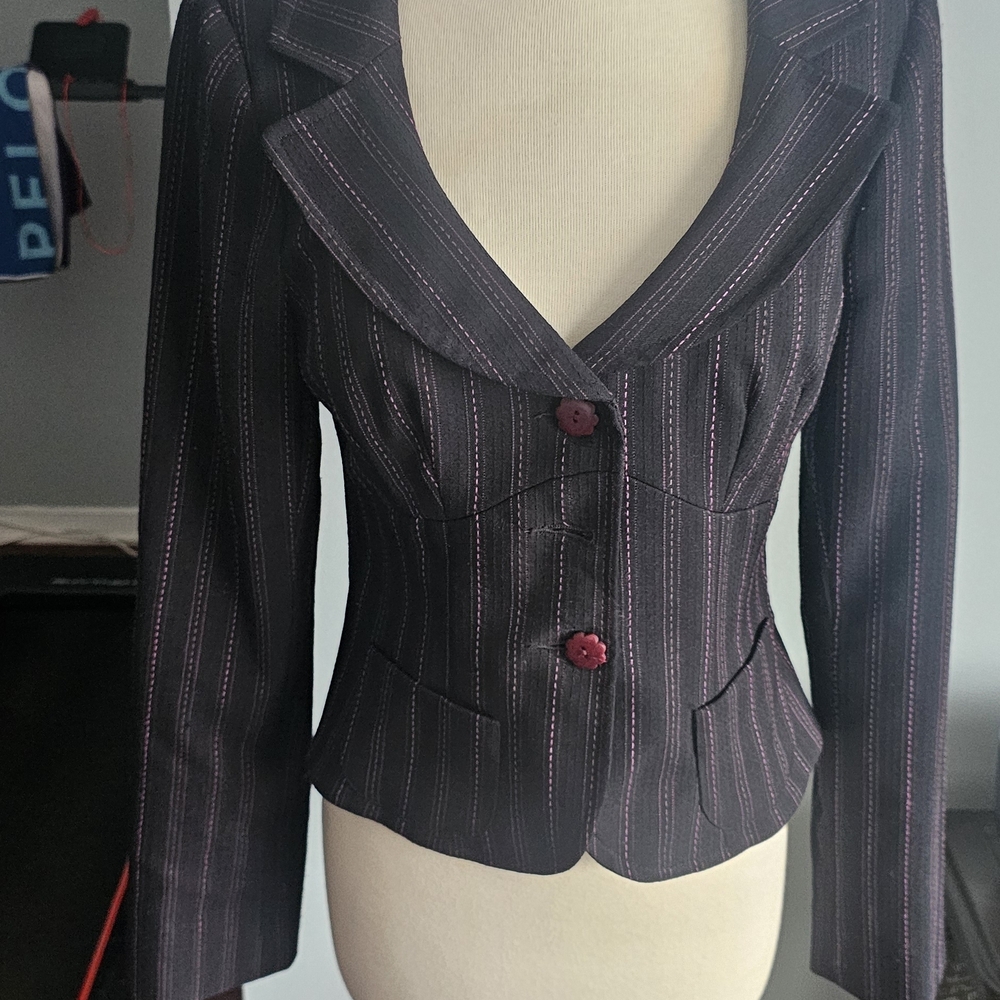 Nanette Lepore Black Striped Blazer with Red Buttons